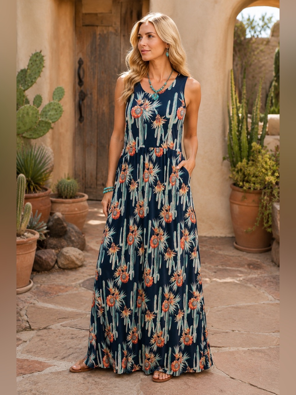 Jodifl Cactus Floral Print Maxi Dress Sleeveless Stretch Boutique M Southwestern